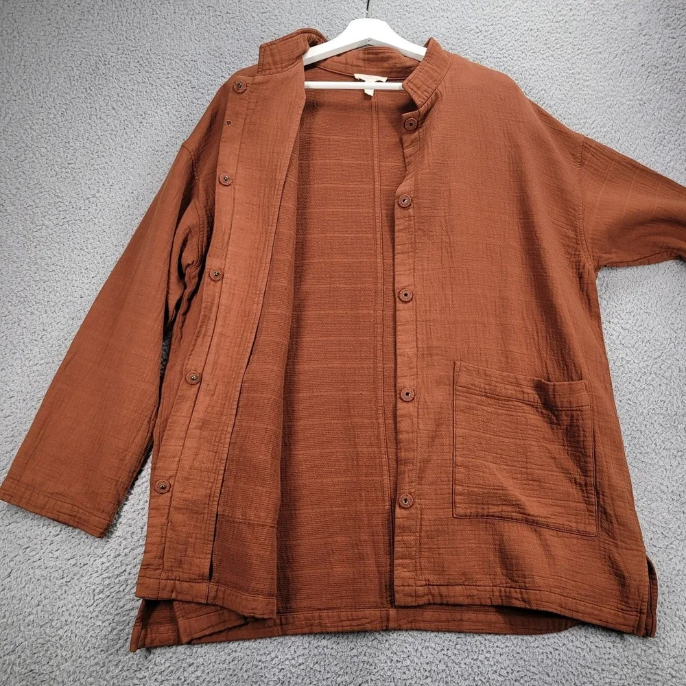 EILEEN FISHER Jacket Size XL Organic Cotton Stand Collar Long Sleeve Snap